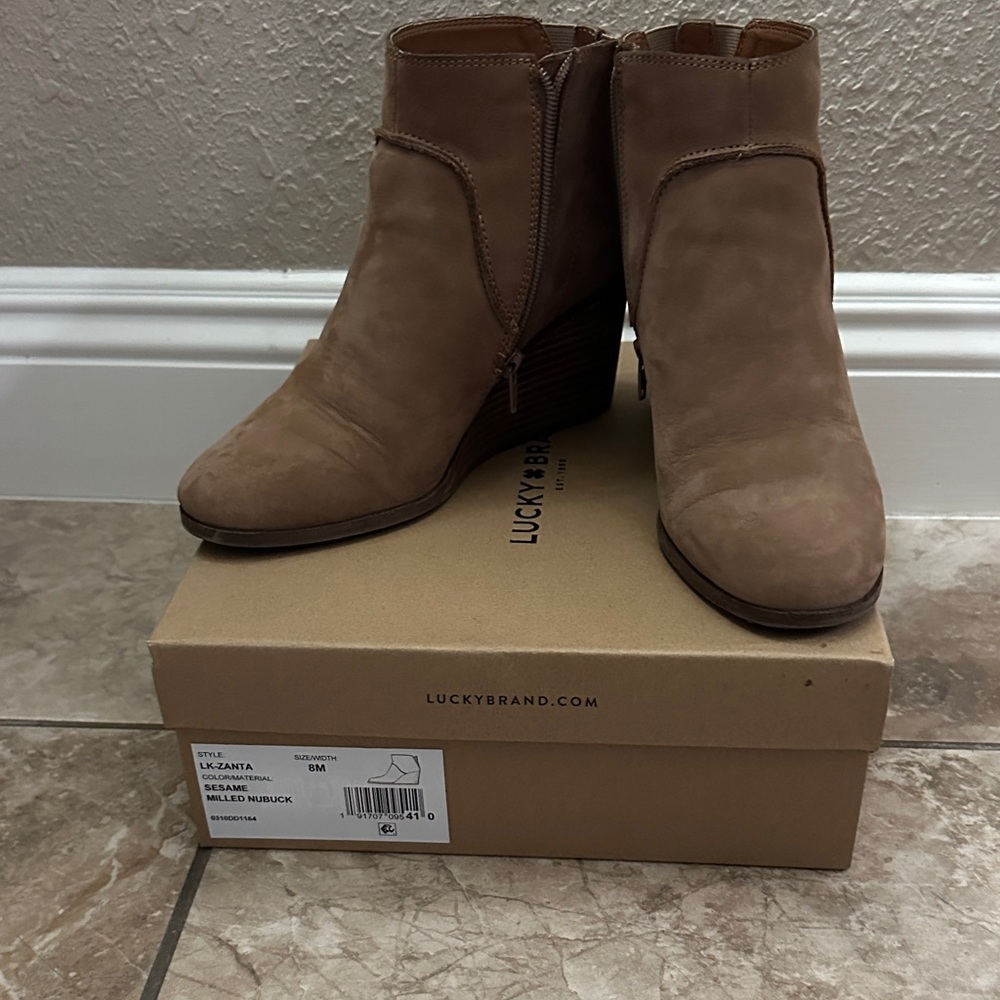 Lucky Brand Taupe Nubuck Ankle Booties with Stacked Heel